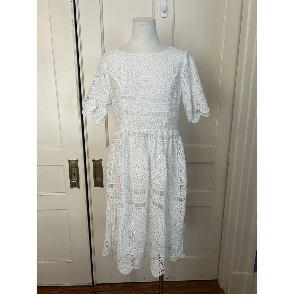 Piper & Scoot Lace Crochet Midi Dress Womens Size Medium White Beach Coastal